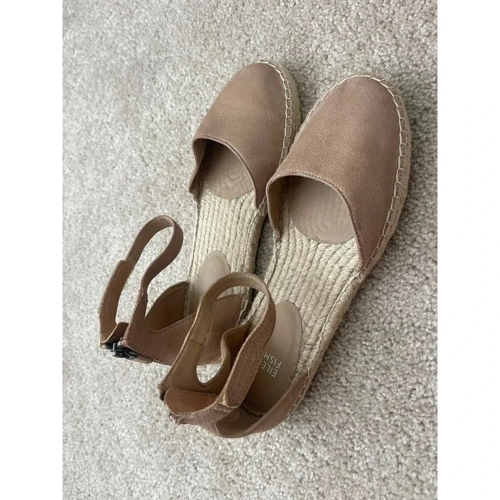Eileen Fisher Womens Metallic Rose Gold Leather Espadrille Ankle Strap Flats 7.5